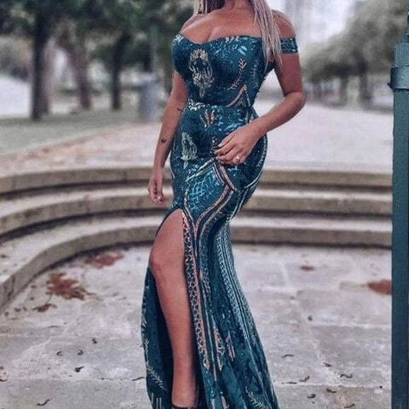 Dark Green Plants Pattern, Split Thigh, Off The Shoulder Sequined Maxi F… - Picture 10 of 10